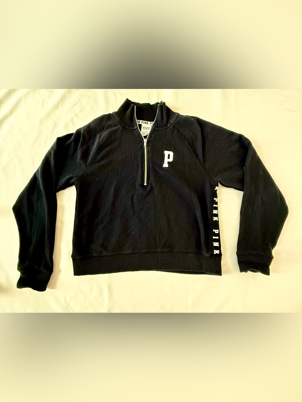 Victoria's Secret PINK Black Half-Zip Pullover with White and Side Logo size M